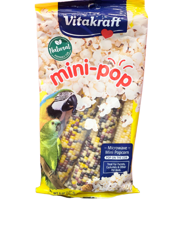 Mini Pop on the Cob! by Vitakraft - the only ingredient is mini Corn on the cob. 6oz. This is a poppable corn treat for birds that doubles as a yummy snack and fun foraging activity.