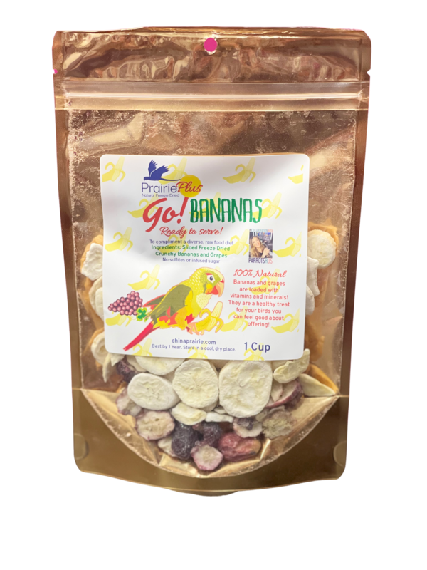 NEW! Go! Bananas from China Prairie - a combination of freeze dried crunchy treat of sliced bananas and sliced grapes. No sulfites or infused sugar