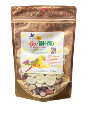 NEW! Go! Bananas from China Prairie - a combination of freeze dried crunchy treat of sliced bananas and sliced grapes. No sulfites or infused sugar