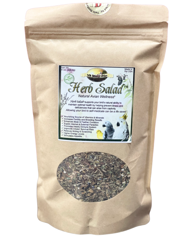 8 oz Herb Salad from Twin Beaks Aviary (USDA Organic). Herb Salad's™ 100% Organic ingredients are the leaves, roots, bark and flowers of the plants that animals in the wild seek
