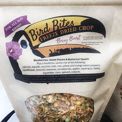 Bird Bites Freeze Dried Chop -- 2 Cups - Berry Boost Blend -- Two cups of epic freeze dried chop. May be served dry for birds who enjoy a yummy crunch, or spritzed with water for a delicious, fresh se Bird Bites Freeze Dried Chop -- 2 Cups - Berry Boost Blend -- Two cups of epic freeze dried chop. May be served dry for birds who enjoy a yummy crunch, or spritzed with water for a delicious, fresh se