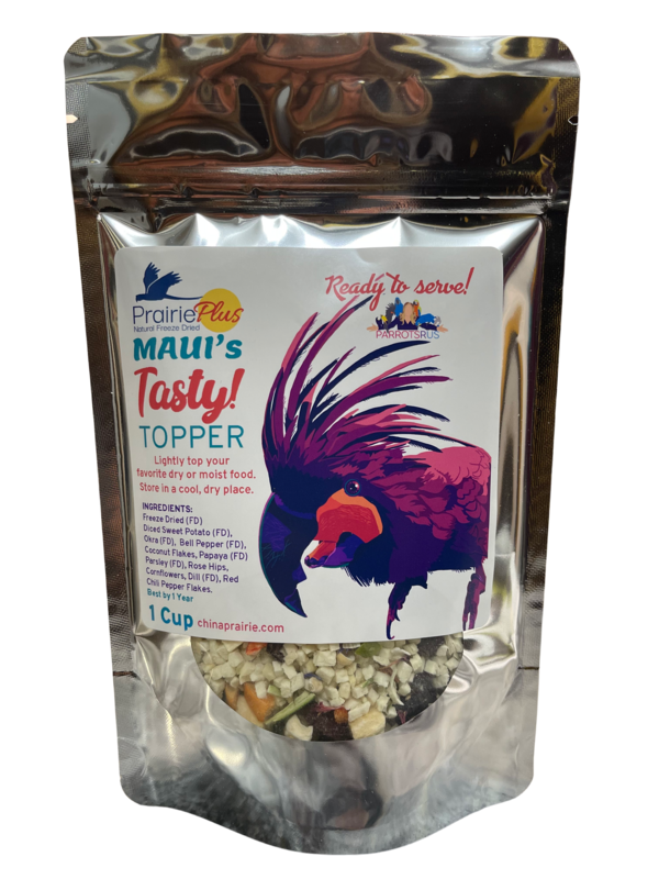 Maui's Tasty! Topper -- Freeze Dried Goodness Ready to Serve! -- Lightly top your favorite dry or moist food. Contains Diced Sweet Potato, Okra, Bell Pepper, Coconut Flakes, Papaya, Parsley, Rose Hips
