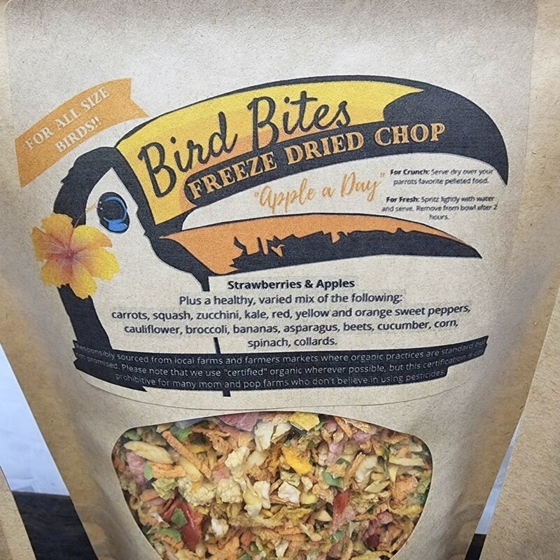 Bird Bites Freeze Dried Chop -- 2 Cups - An Apple a Day Blend -- Two cups of epic freeze dried chop. May be served dry for birds who enjoy a yummy crunch, or spritzed with water for a delicious, fresh