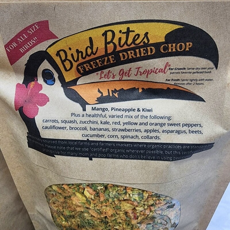 Bird Bites Freeze Dried Chop -- 2 Cups - Let's Get Tropical Blend -- Two cups of epic freeze dried chop. May be served dry for birds who enjoy a yummy crunch, or spritzed with water to rehydrate.
