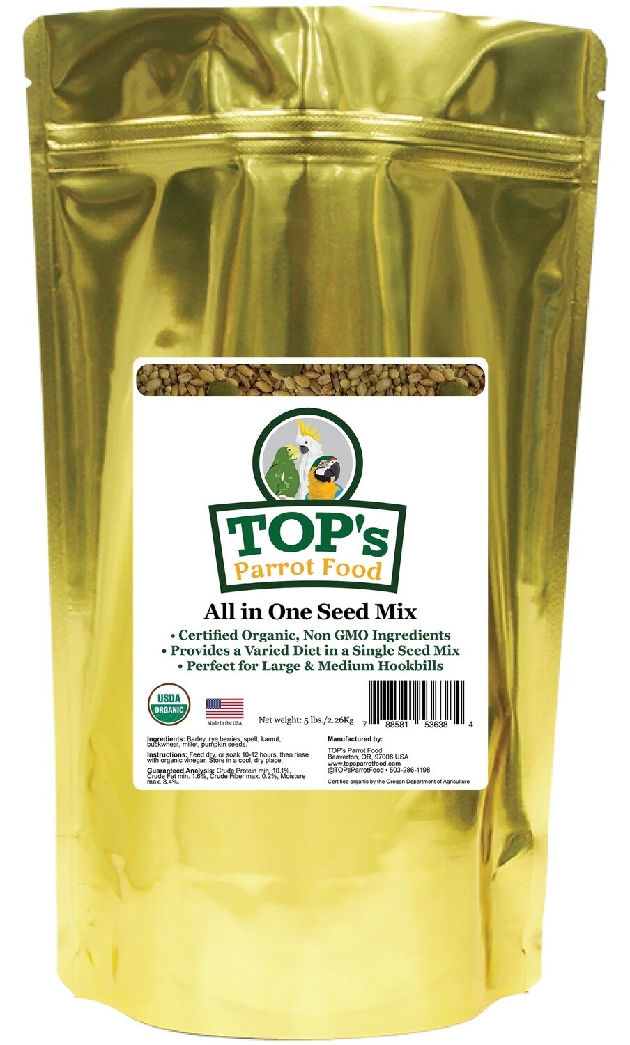 Tops Parrots Food 5 Lb USDA Organic All in One Seed Mix