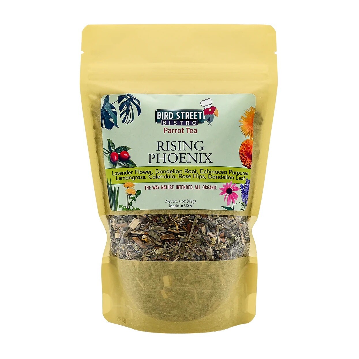 RISING PHOENIX - PARROT TEA 100% Organic, human grade healing herbs. Rising phoenix's mixture of organic herbal tea is specifically made for your feathered friend. Antiseptic and anti-inflammatory