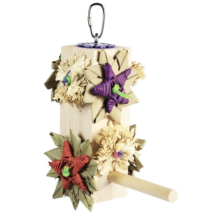 Hanging Balsa Perch and Play Toy adorned with seagrass and beaded flowers and stars. Perfect for tiny and small birds. By Super Bird Creations
