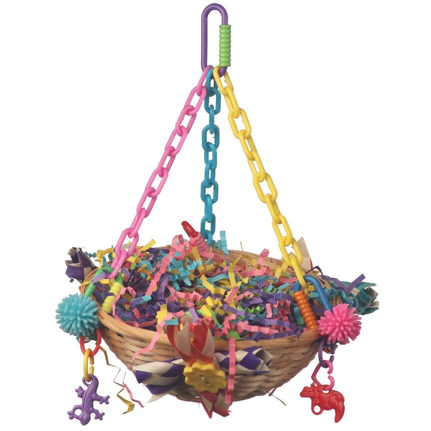 Rock-a-bye Birdie mini hanging foraging basket, perfect for tiny and small birds. Made in the USA. 5.5" wide x 8.5" height