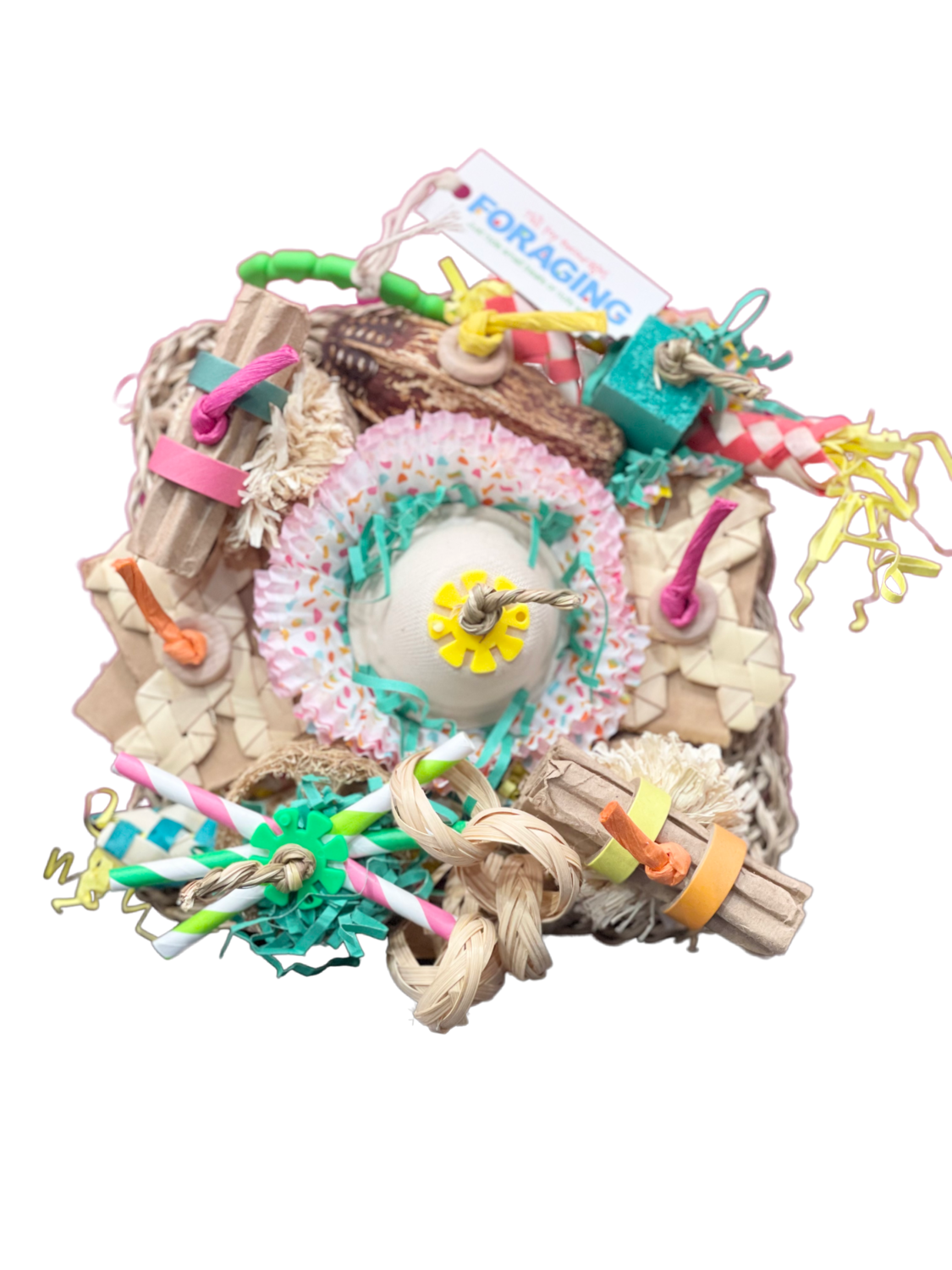Lulu - 7"x7" cage mount toy with cardboard squares & rolls, bagel rings, finger traps, palm zig zags, straws, craft paper, cupcake wrappers, balsa cube, jute rope, mahogany pod, loofa slice, palm