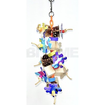 Dundie 9" x 5" hanging toy with mahogany pods, puzzle pieces and more! Very cute, by Bite Me Birdie