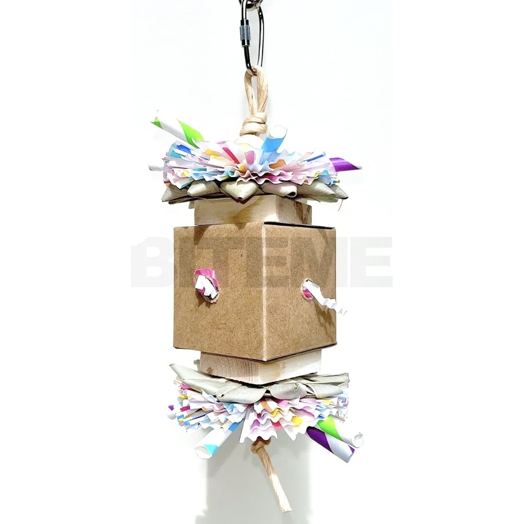 Katie 8&quot; x 4&quot; hanging toy made with wooden beads, paper straws, cupcake wrappers, palm daisies and more! Cute and Fun. By Bite Me Birdie