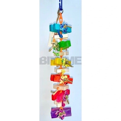 Mickey - 12"x3" toy with rectangular pine blocks, balsa sticks, jute rope, puzzle pieces and craft paper twist on a plastic chain by Bite Me Birdie Mickey - 12"x3" toy with rectangular pine blocks, balsa sticks, jute rope, puzzle pieces and craft paper twist on a plastic chain by Bite Me Birdie