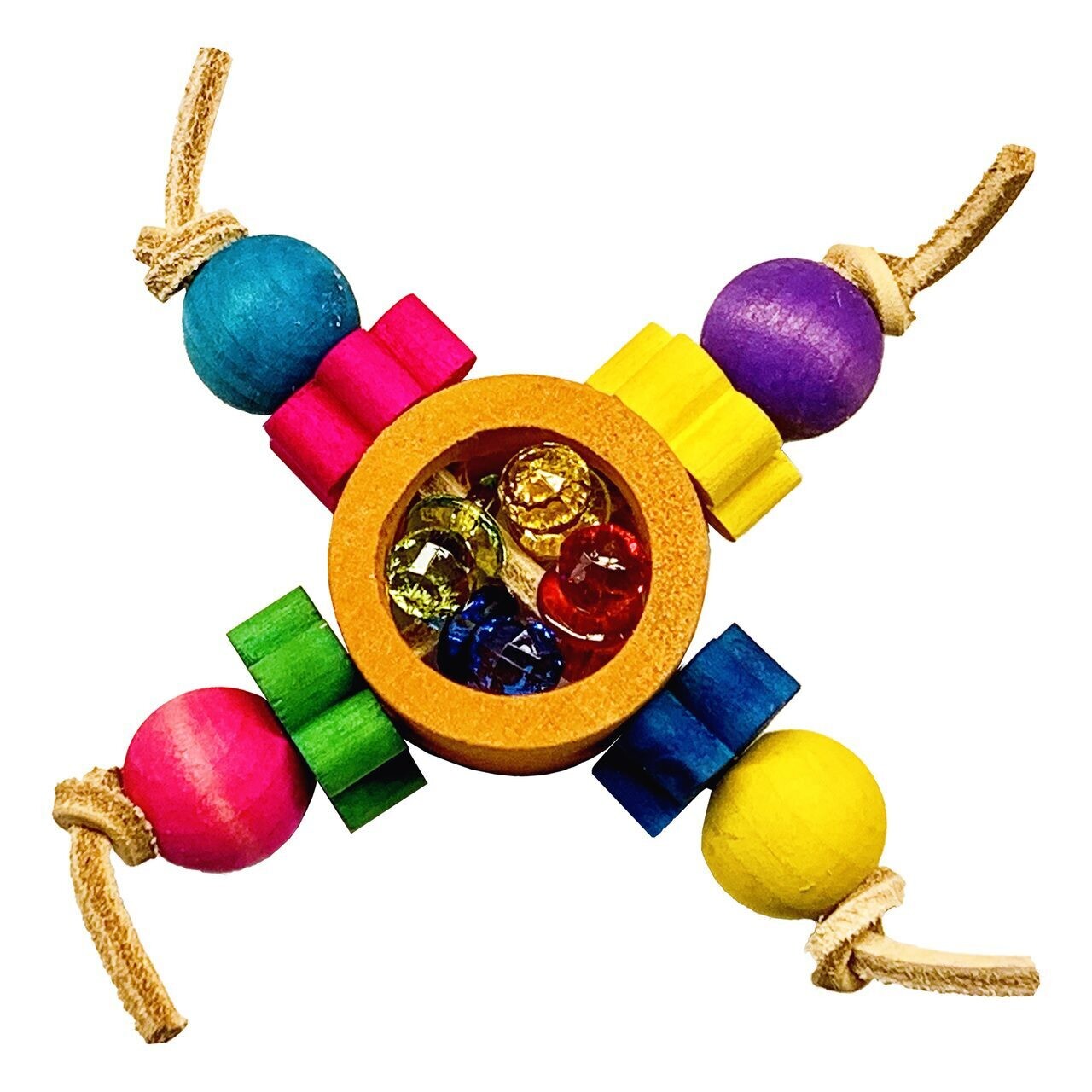 Mini Treasure Foot Toy for Medium Birds made in USA with a combination of colorful wood flowers and beads surrounding acrylic pacifiers encapsulated in a wooden circle bound together by leather. by Sc