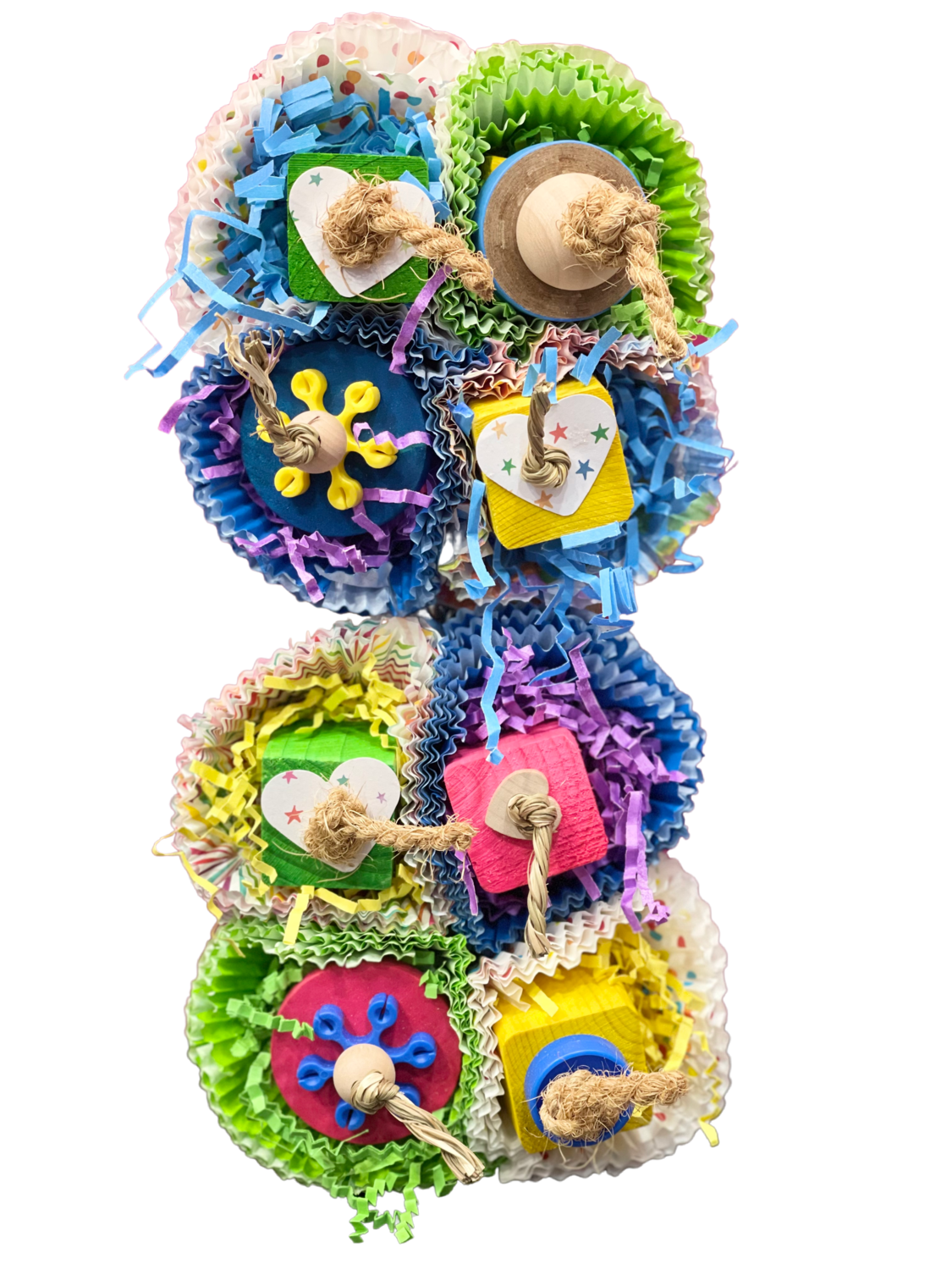 Lucy - 10.5" x 5.5" cage mount toy with pine cubes, cupcake wrappers, with wooden discs, wood hearts, plastic gears, wooden beads and paper hearts on cotton and craft ropes.