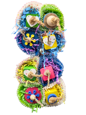 Lucy - 10.5" x 5.5" cage mount toy with pine cubes, cupcake wrappers, with wooden discs, wood hearts, plastic gears, wooden beads and paper hearts on cotton and craft ropes. Lucy - 10.5" x 5.5" cage mount toy with pine cubes, cupcake wrappers, with wooden discs, wood hearts, plastic gears, wooden beads and paper hearts on cotton and craft ropes.
