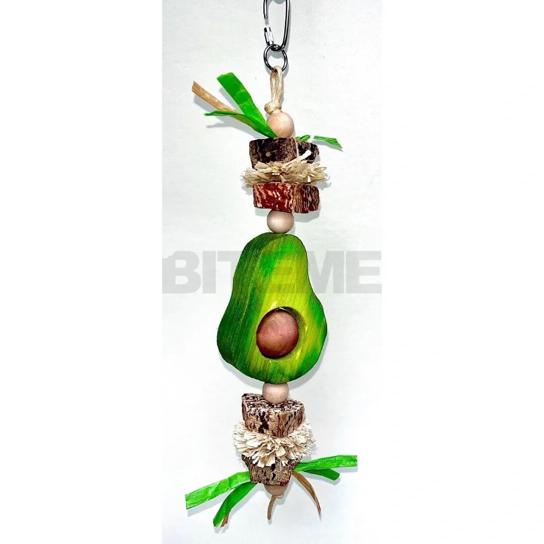 Sydney - 12" x 4" hanging toy with wooden avocado, mahogany pod slices, corn husks, wooden bead and paper ribbon on craft paper twist. by Bite Me Birdie