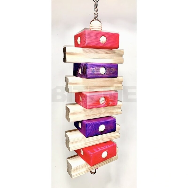 Kramer - 18" x 6" hanging toy with chunky blocks of pine, wooden beads and a plastic gear on chain - for Large and Extra Large Birds by Bite Me Birdie