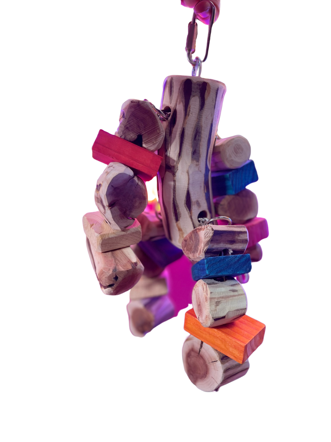 Hanging Manzanita Toy made with a mix of natural manzanita & colorful pine wood blocks on stainless chain -- hand made in the USA, perfect for the big chewers who are Large & Extra Large