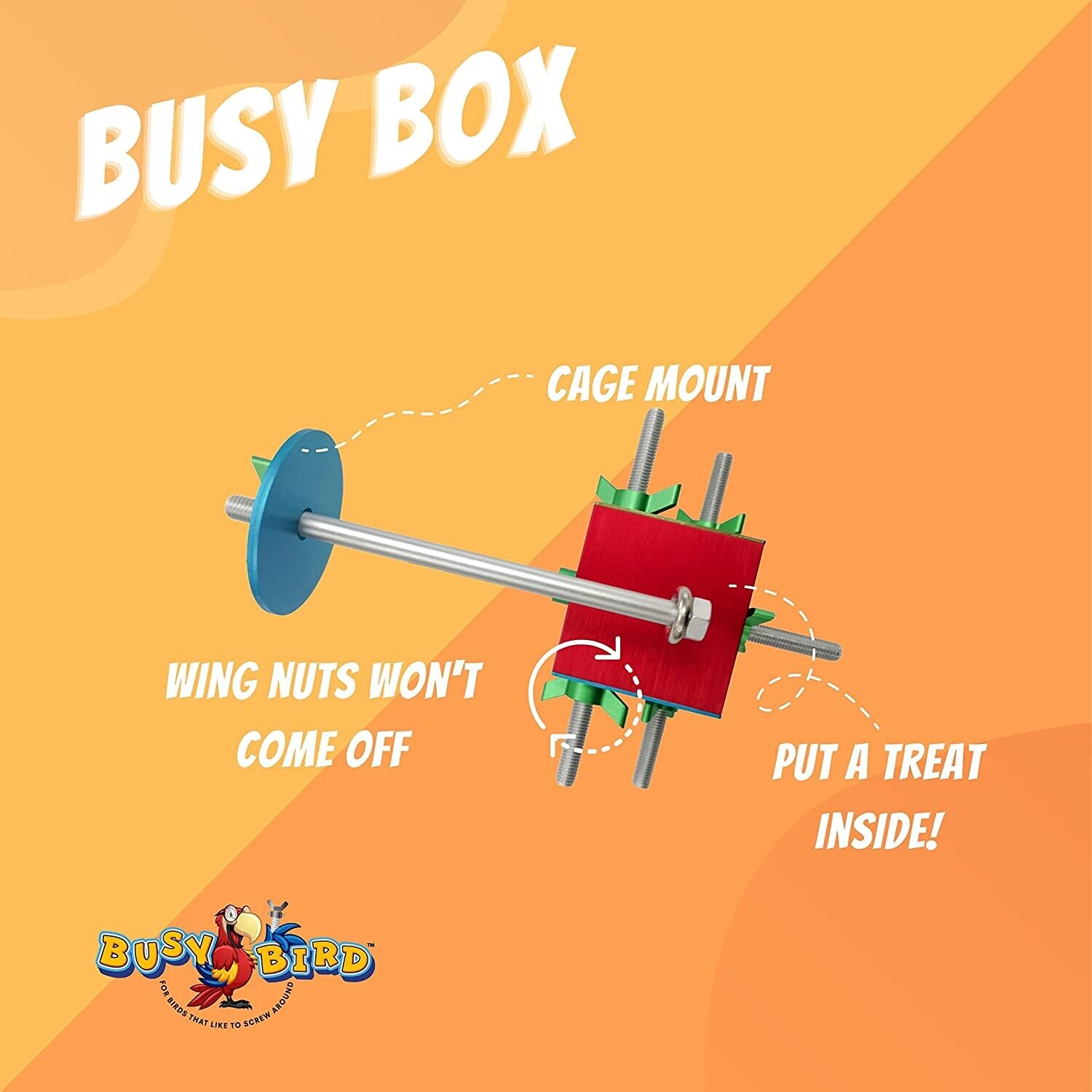 The Busy Box - A foraging toy that challenges birds to release the various sides of the box to reveal a treat. The brightly colored, non-removable wing nuts & hex nuts present the ultimate brain tease