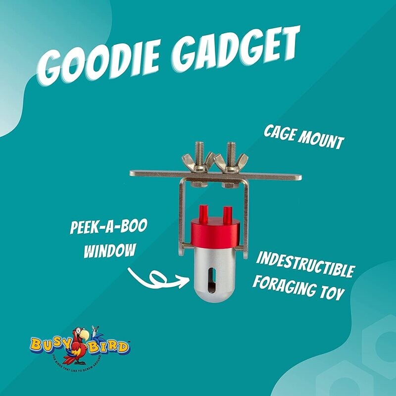 The Goodie Gadget - Red Top all stainless mounting hardware. Go Gadget Go! Place a treat inside by removing the red top. The peek-a-boo windows give your bird a peek at the treat inside