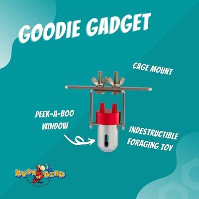 The Goodie Gadget - Red Top all stainless mounting hardware. Go Gadget Go! Place a treat inside by removing the red top. The peek-a-boo windows give your bird a peek at the treat inside The Goodie Gadget - Red Top all stainless mounting hardware. Go Gadget Go! Place a treat inside by removing the red top. The peek-a-boo windows give your bird a peek at the treat inside
