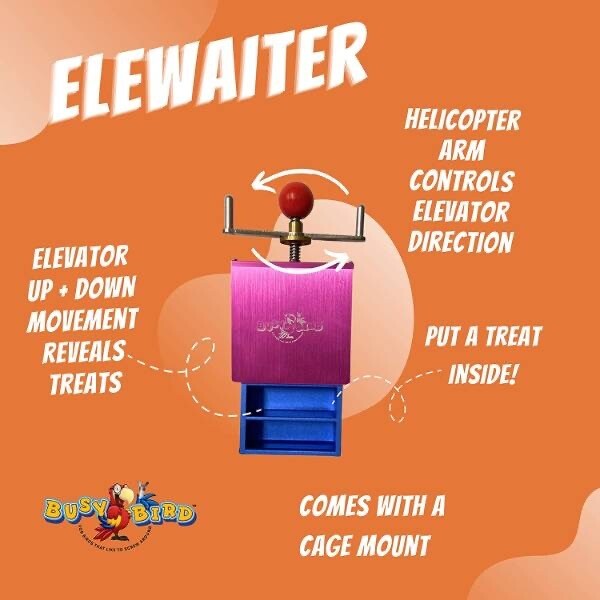 The Elewaiter - lowers down to serve treats. An elevator-like toy that creates hours of fun as each shelf can hold a surprise for your bird. It takes roughly 18 full rotations of the helicopter arm ..