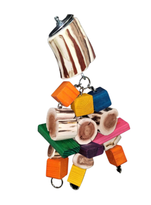 Bolt on Manzanita Toy made with a mix of natural manzanita & colorful pine wood blocks some with grooves and some smooth - hand made in the USA, perfect for the big chewers who are Large & Extra Large Bolt on Manzanita Toy made with a mix of natural manzanita & colorful pine wood blocks some with grooves and some smooth - hand made in the USA, perfect for the big chewers who are Large & Extra Large