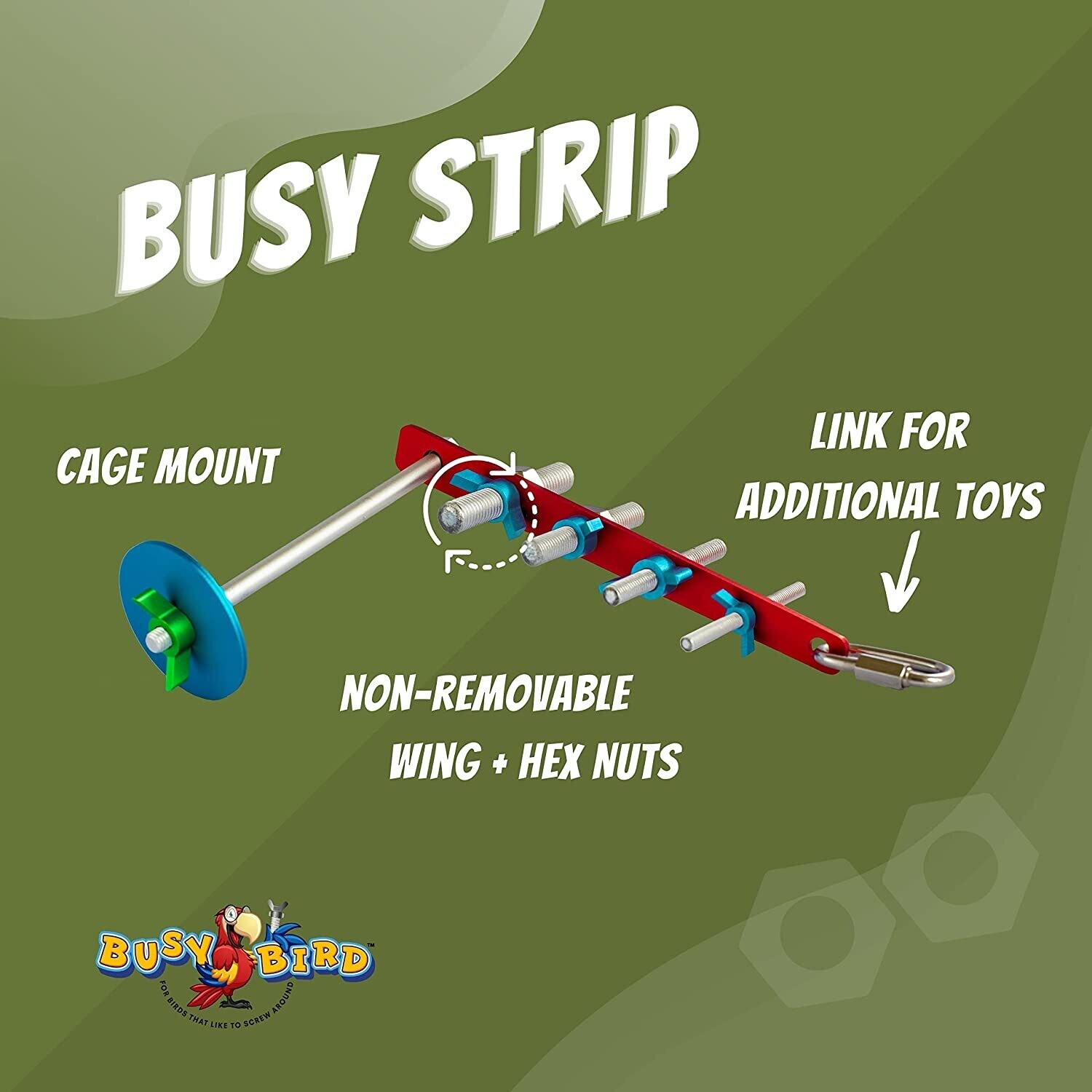 The Busy Strip - 4 threaded bolts, wing nuts, hex nuts, leash clip, hanger assembly - Challenge your bird with 12 total inches of threaded rod and non-removable hex & wing nuts for puzzling fun.