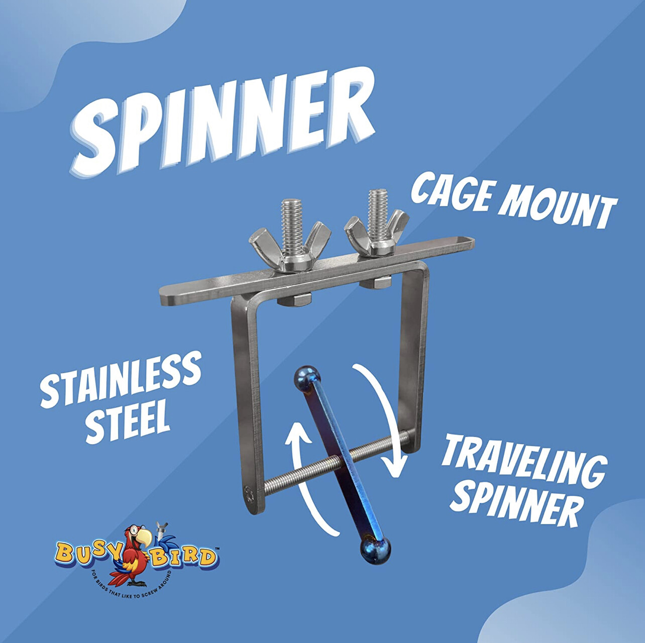 The Busy Spinner - in Blue / Gold Flame Color - Plenty of dizzying fun with the stainless steel spinner. The spinner travels on a threaded rod back and forth. Comes in two different colors.