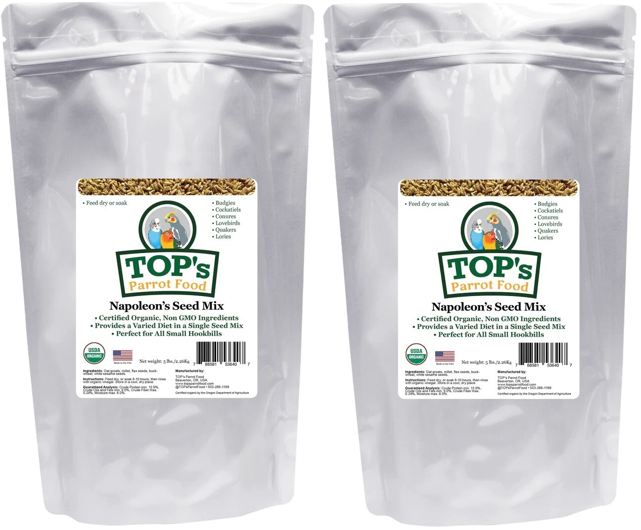 5Lb Napoleon Seed Two-Pack Organic TOPs Parrot Food (includes Shipping) 