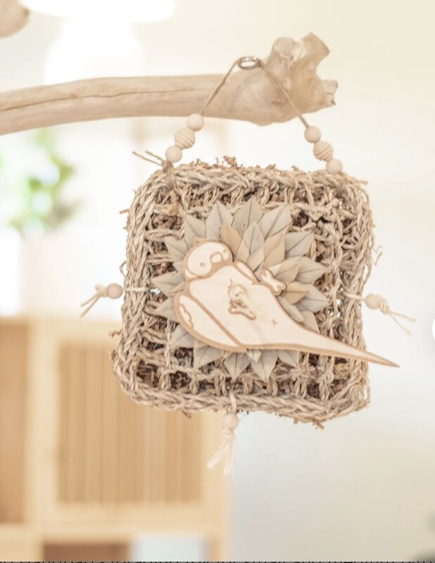Foraging Handbag - foraging toy for small and medium birds, the cutest handbag ever! stuffed with natural crinkle paper adorned with palm leaf stars and a birb! by Little Dinos
