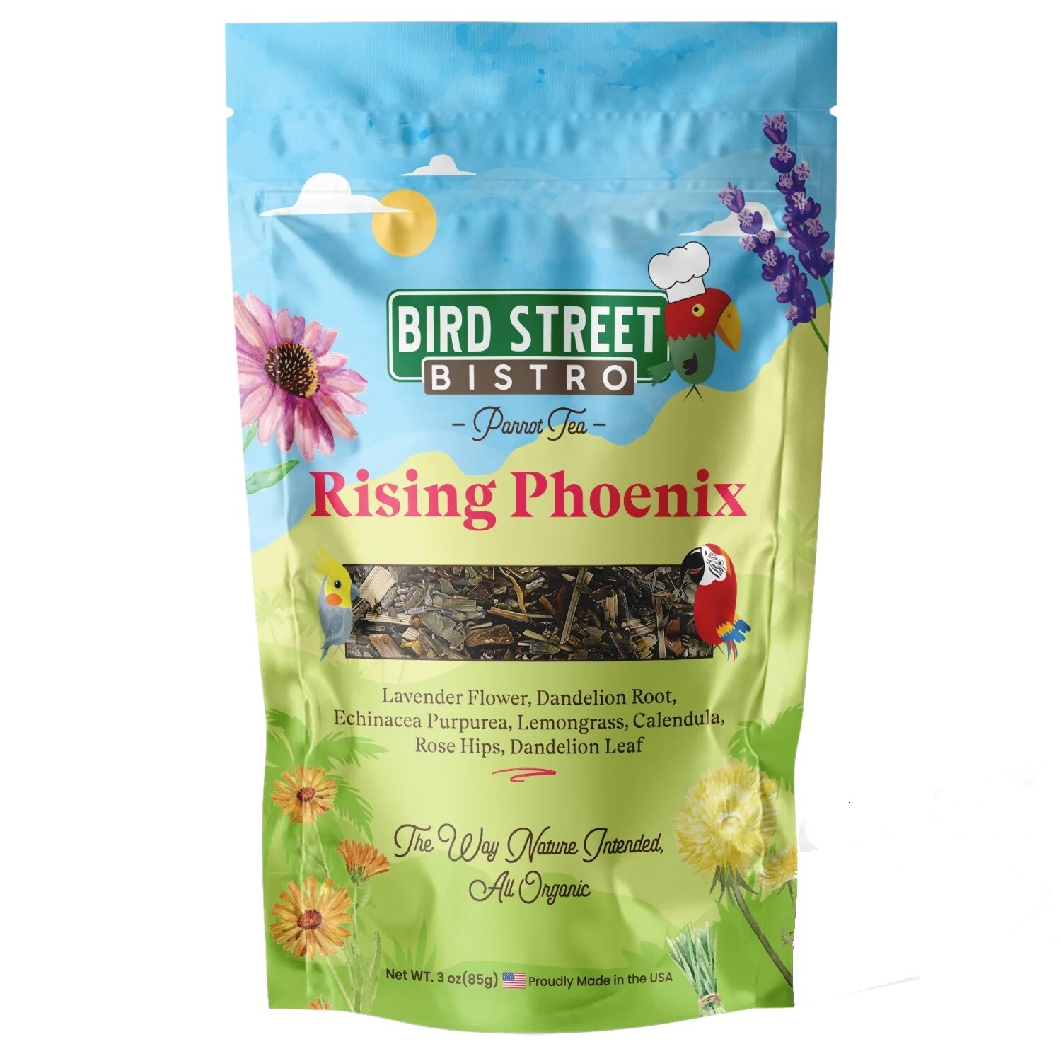 RISING PHOENIX - PARROT TEA 100% Organic, human grade healing herbs. Rising phoenix's mixture of organic herbal tea is specifically made for your feathered friend. Antiseptic and anti-inflammatory