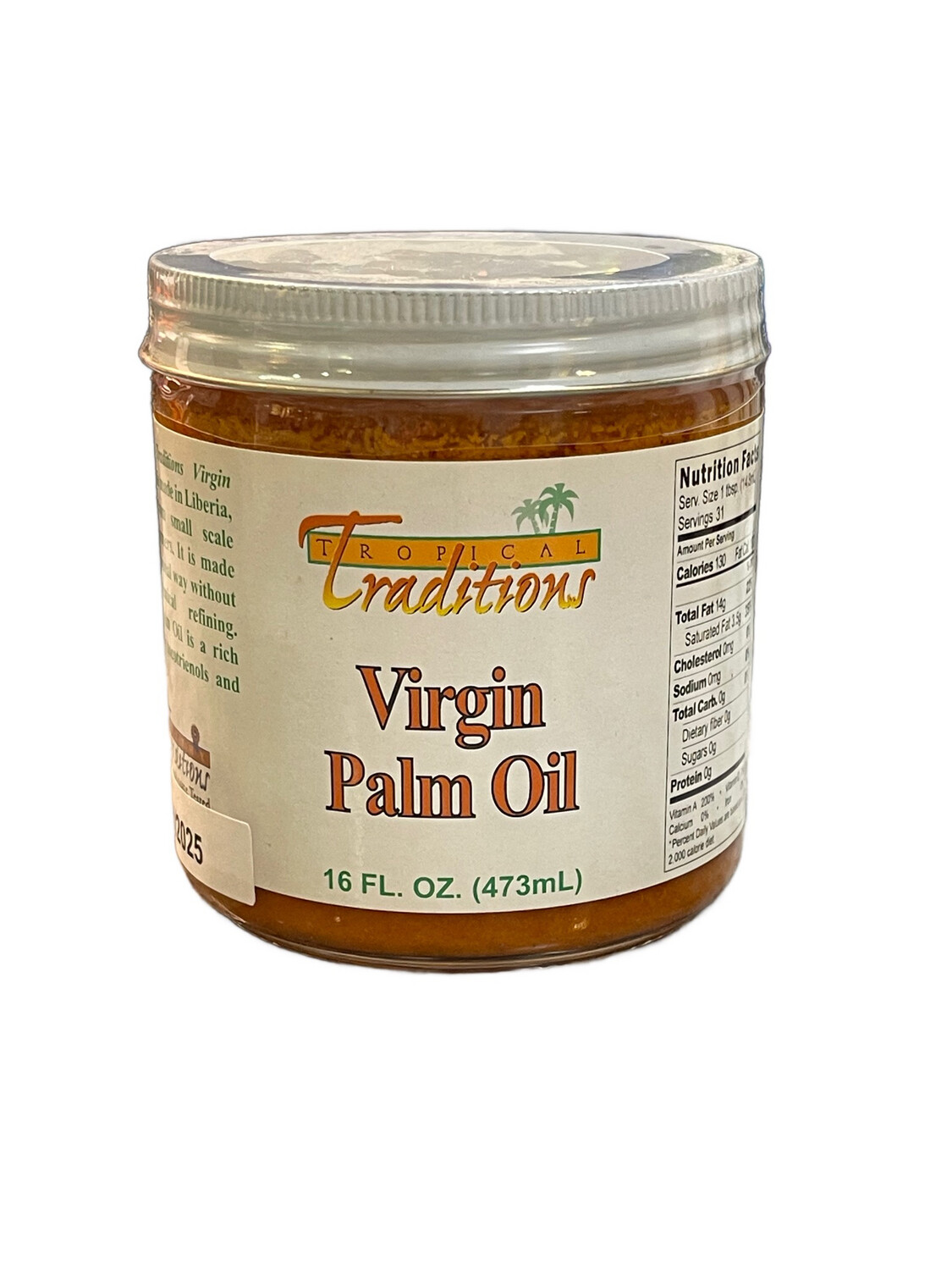 NEW! Tropical Traditions Virgin Palm Oil 16 oz. - 1 Pint (16 oz glass jar)