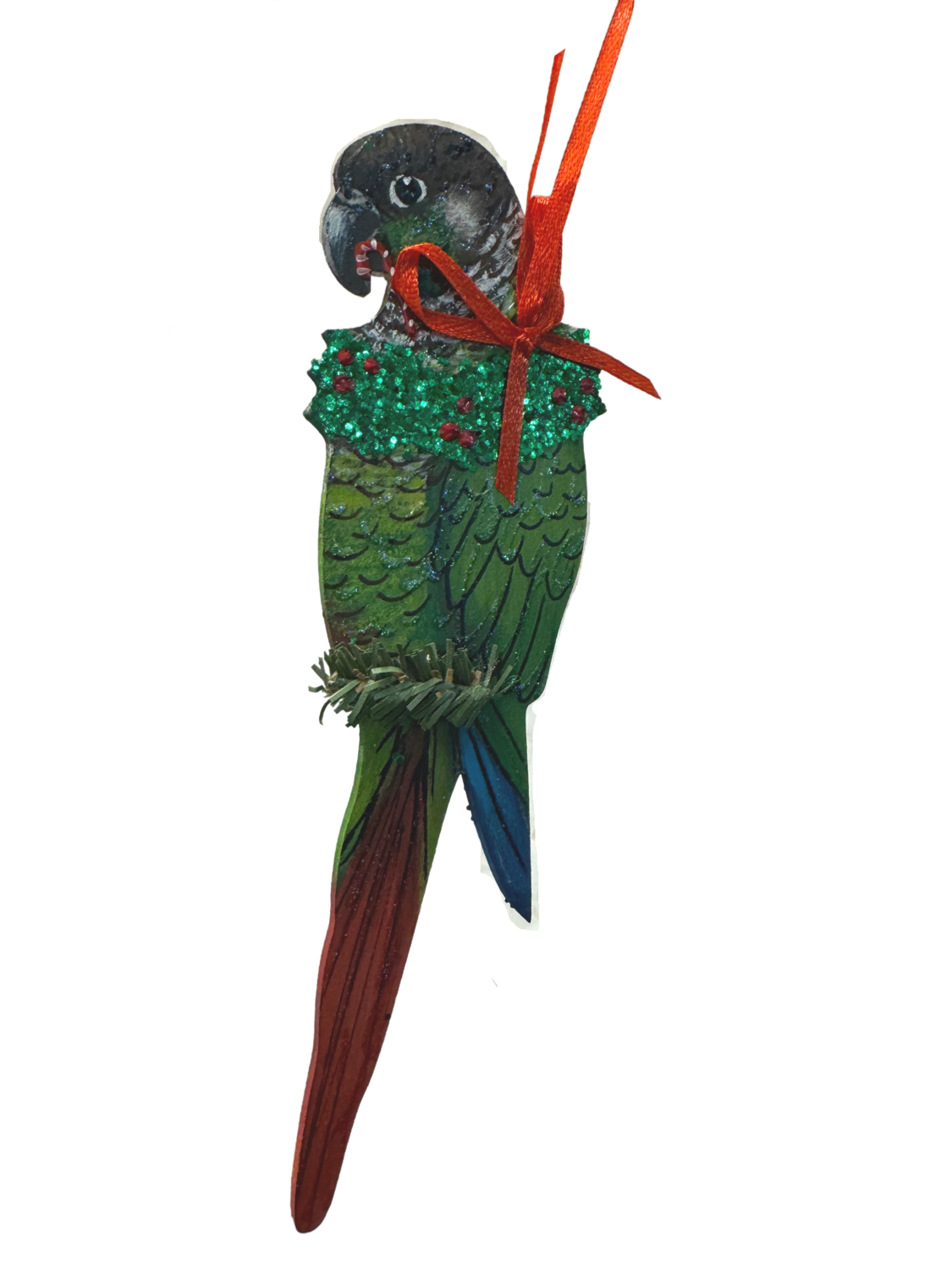 Green Cheek Conure - Handmade and Painted Glitter Ornaments!