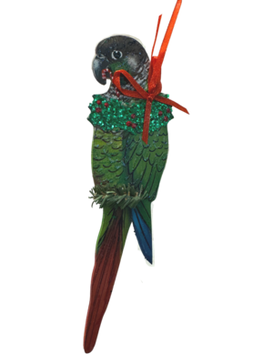Green Cheek Conure - Handmade and Painted Glitter Ornaments!