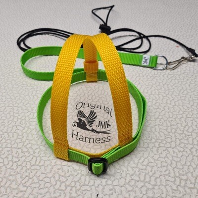 JMK Harness and Leash - Color Combo Bright Green with Yellow, Size Medium: 425-600 grams: Eclectus, Med. Macaws (Severee, Red Fronted), Lg Amazons (Double Yellow, Yellow Nape), Umbrella, Congo Grey