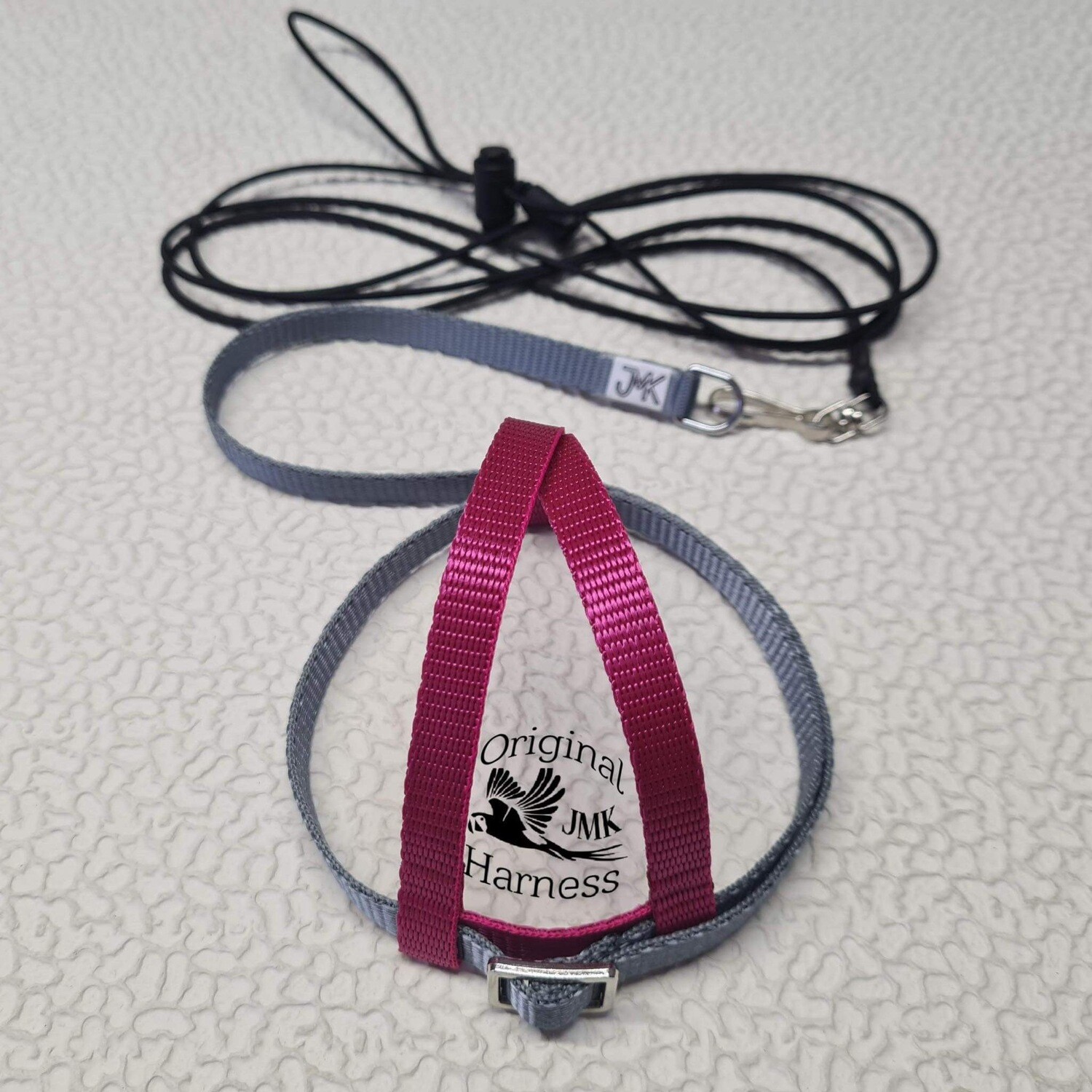 JMK Harness and Leash - Color Dark Pink and Grey - Size Small: 190-425 grams: Timneh Grey, Pionus, Galah, Yellow Nape Amazon