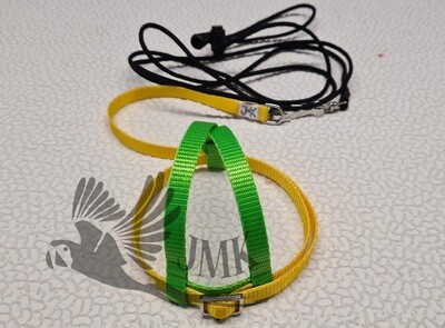 JMK Harness and Leash - Color Combo Yellow with Bright Green, Size Medium: 425-600 grams: Eclectus, Med. Macaws (Severee, Red Fronted), Lg Amazons (Double Yellow, Yellow Nape), Umbrella, Congo Grey