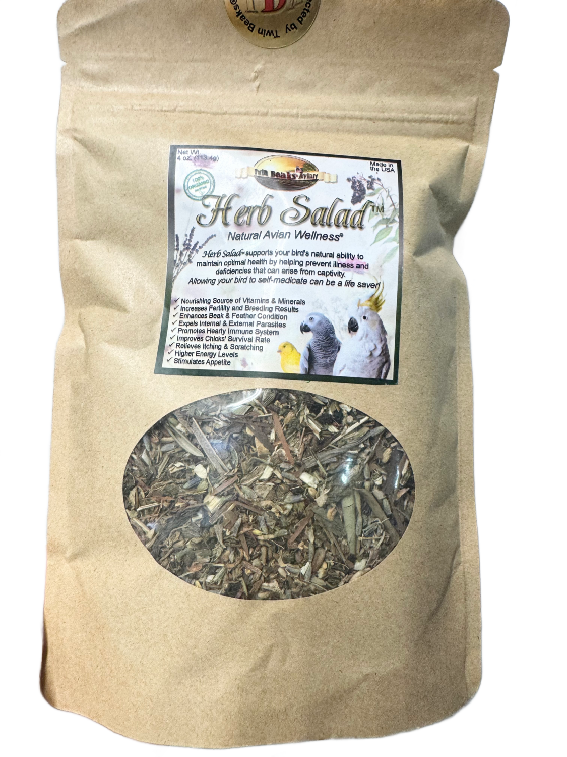 4 oz Herb Salad from Twin Beaks Aviary (USDA Organic). Herb Salad's™ 100% Organic ingredients are the leaves, roots, bark and flowers of the plants that animals in the wild seek