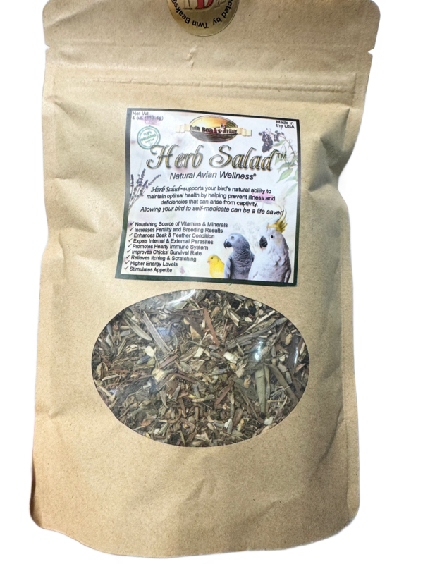 4 oz Herb Salad from Twin Beaks Aviary (USDA Organic). Herb Salad's™ 100% Organic ingredients are the leaves, roots, bark and flowers of the plants that animals in the wild seek