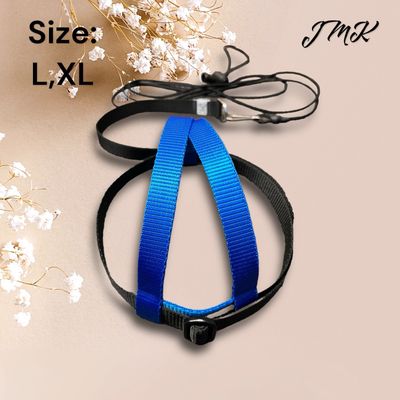 JMK Harness and Leash - Color Blue with Black, Size Extra Large: 1100+ grams: Lg Macaws, Triton, Sm. Moluccan, Black Palm, etc