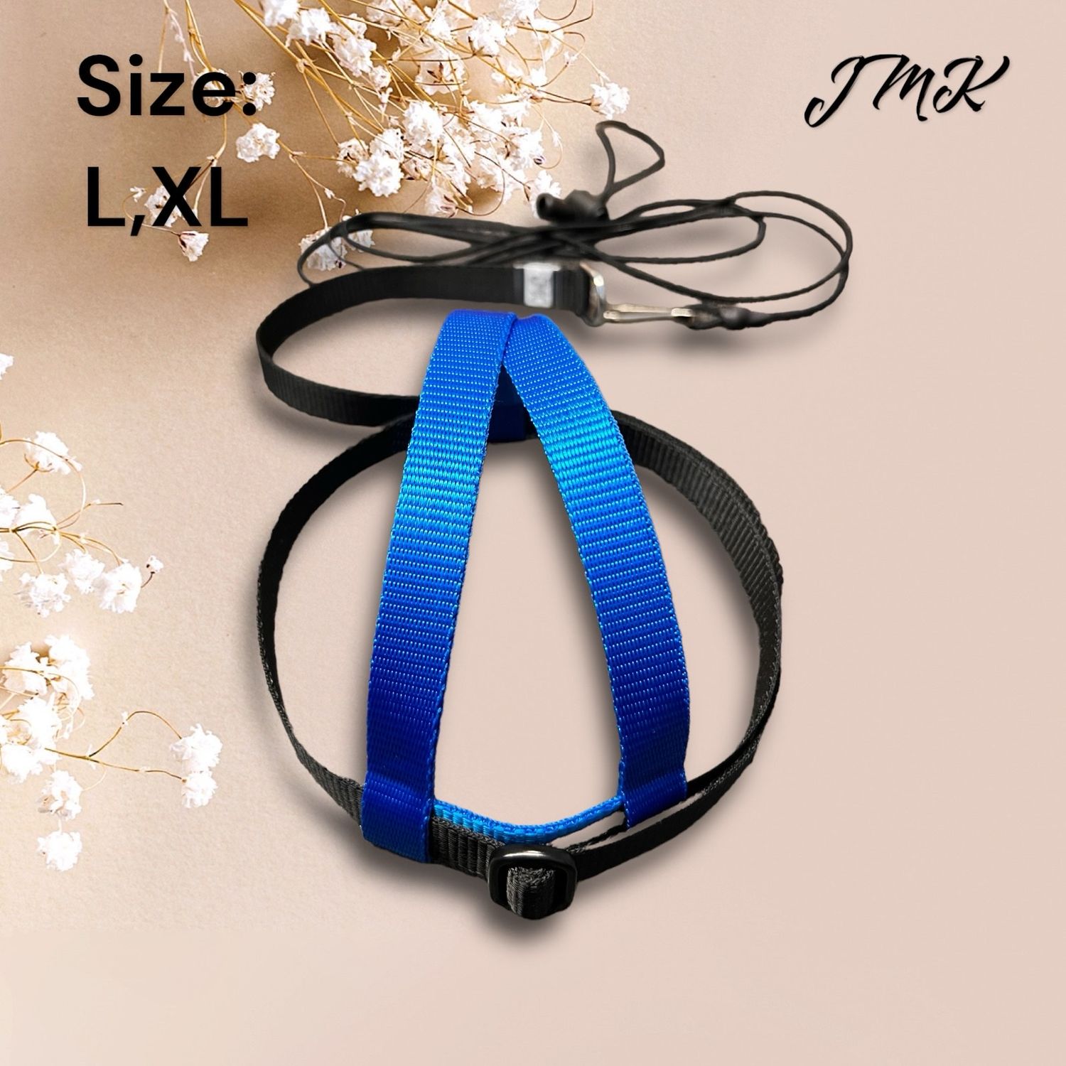 JMK Harness and Leash - Color Blue with Black, Size Large: 600-1100 grams: Lg Macaws, Triton, Sm. Moluccan, Black Palm, etc