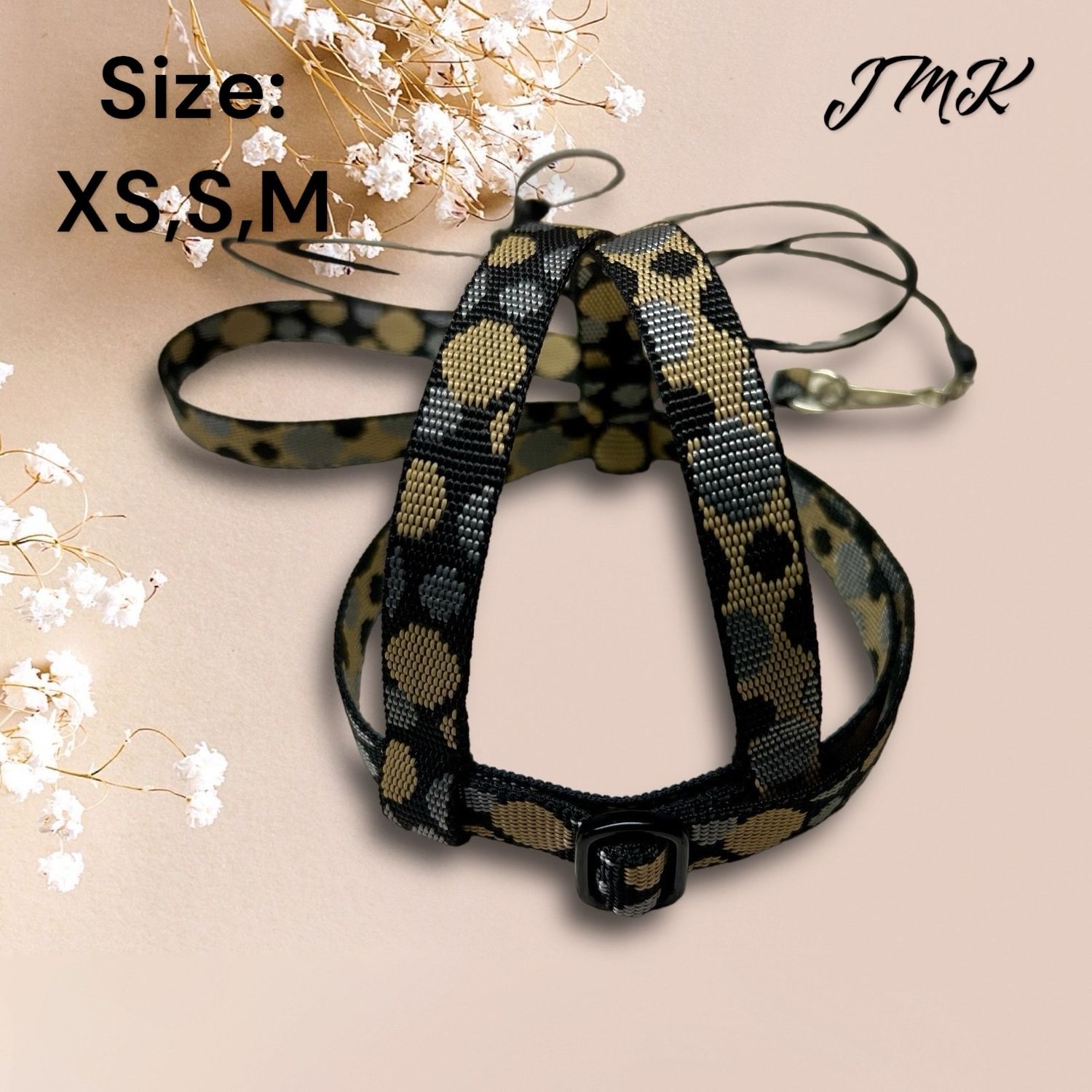 JMK Harness and Leash - Color Gorgeous Black Print, Size Small: 190-425 grams Timneh Grey, Pionus, Galah, Yellow Nape Amazon