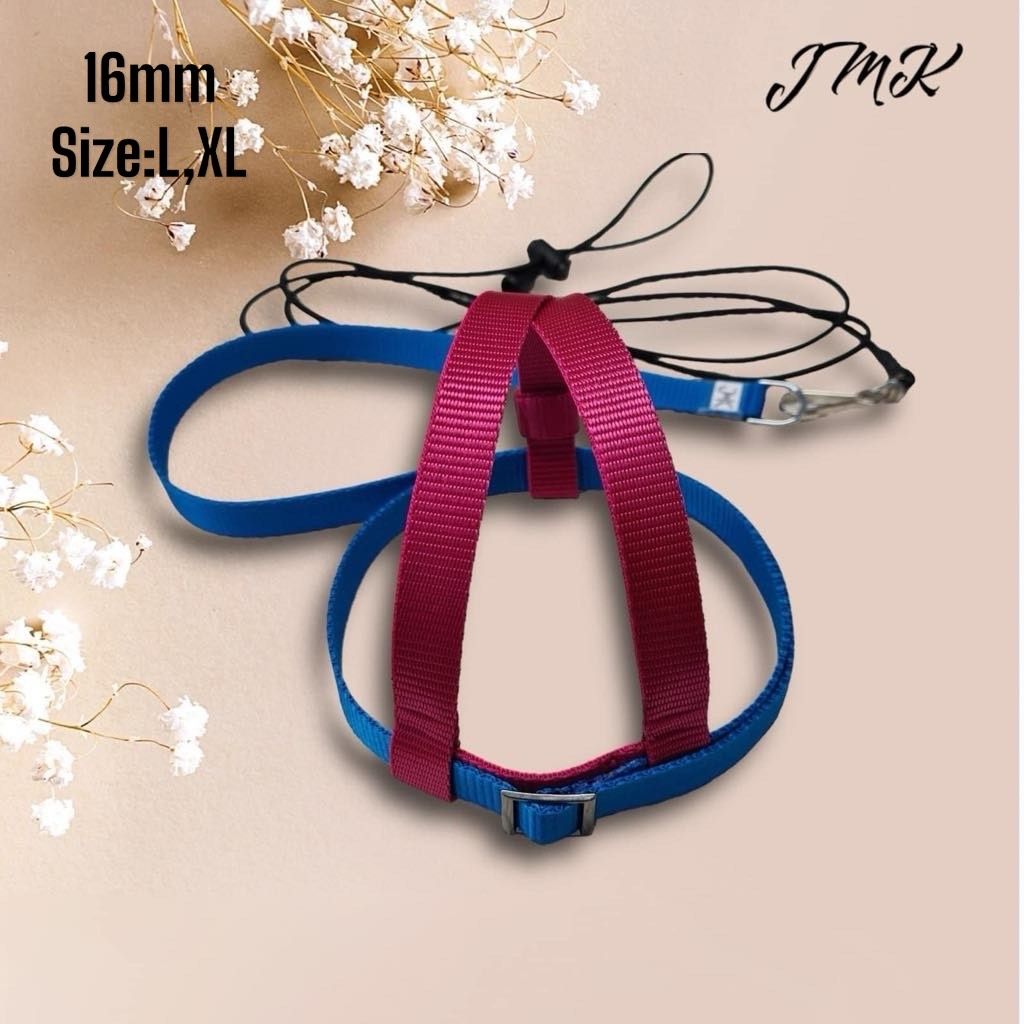 JMK Harness and Leash - Colors Pink and Blue, Size Large: 600-1100 grams: Lg Macaws, Triton, Sm. Moluccan, Black Palm, etc