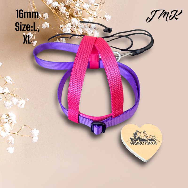 JMK Harness and Leash - Colors Pink and Purple, Size Large: 600-1100 grams: Lg Macaws, Triton, Sm. Moluccan, Black Palm, etc