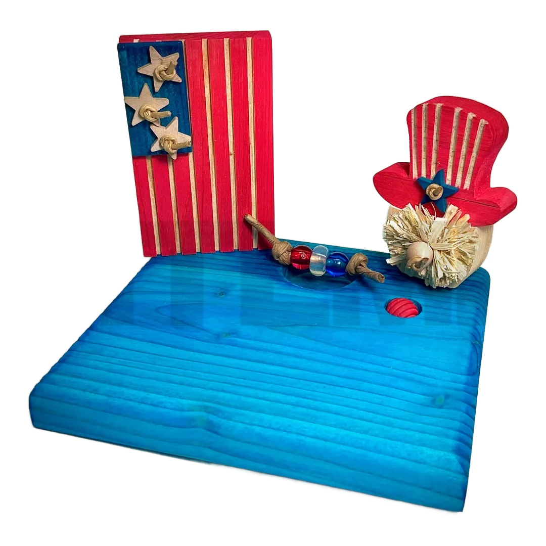 NEW! Patriotic Parrot Party Patio - this is our Medium Size hand made in USA of Pine, 7.5&quot; x 9&quot; made by Bite Me Birdie