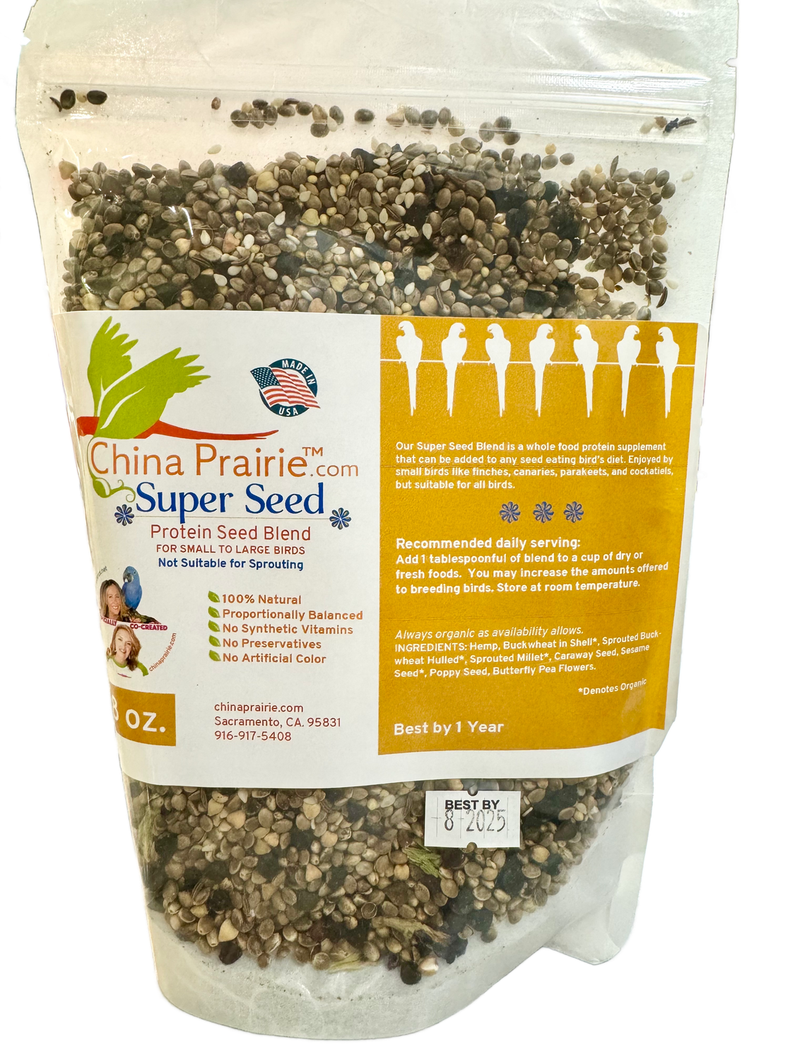 8 oz Super Seed Complete Protein Seed Blend for all Size Birds by China Prairie