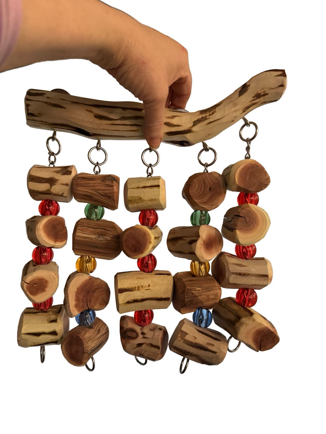 Medium Manzanita Cage Rain Toy with mounting stainless steel hardware ready to hang. Made in the USA