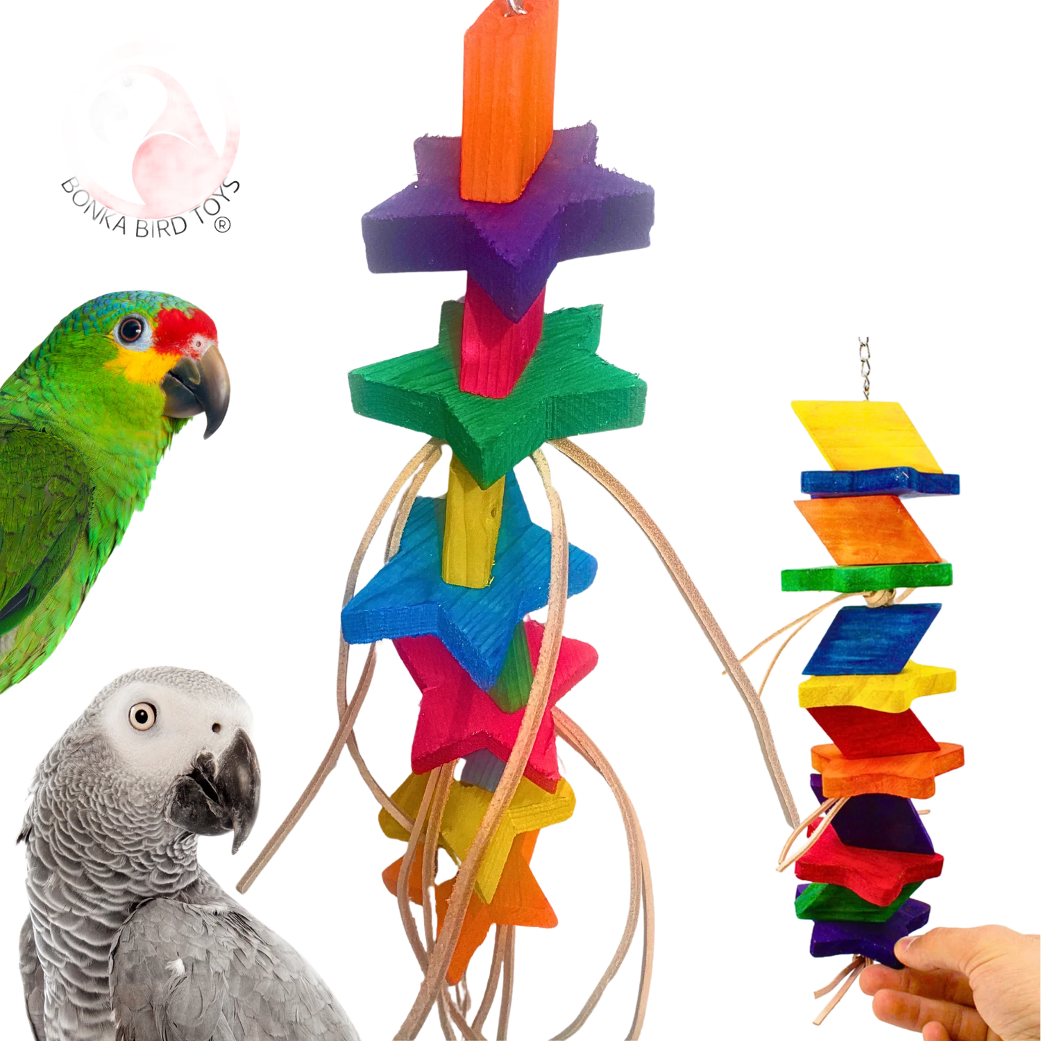 Long Chunky Star Wood &amp; Leather Toy for Medium Birds by Bonka Bird Toys