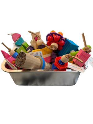 Large Stainless Steel Rectangle Foot Toy and Toy Parts Bucket FILLED with Foot Toys for Large Parrots by Parrotsrus